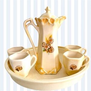 VINTAGE espresso/tea ivory yellow floral set w/ 4 cups, tray and pitcher w/ lid